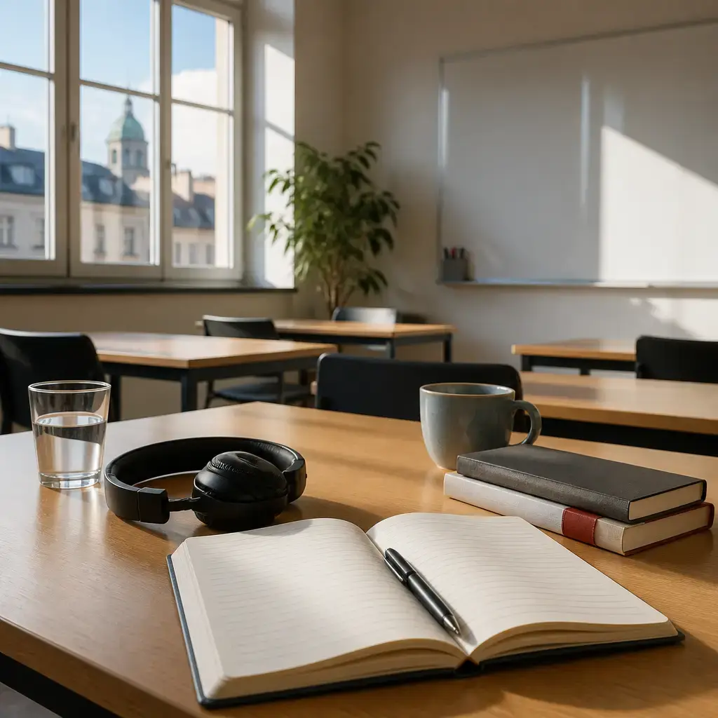 German lesson set in a contemporary Berlin everyday setting: In a classroom, two adults review uneven language-study progress and decide to focus on listening practice with a weekly check..
