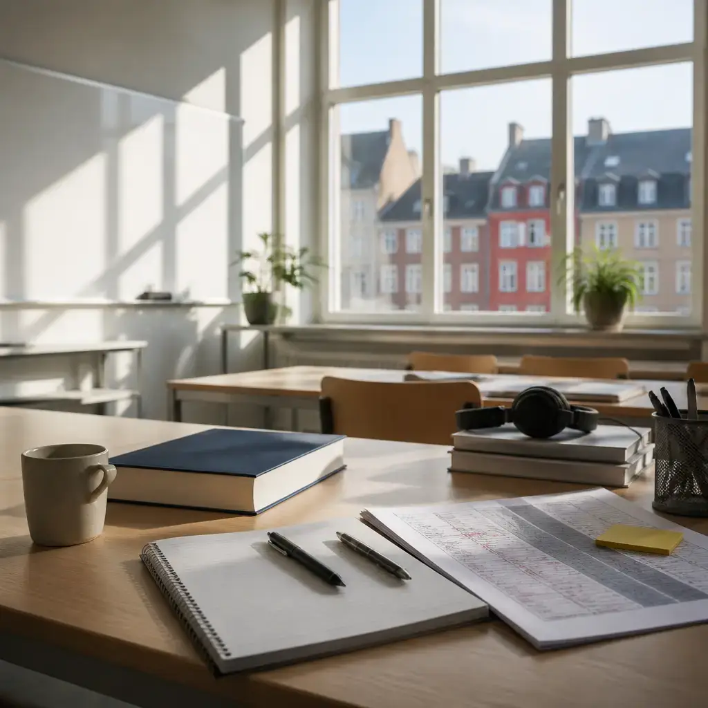 German lesson set in a contemporary Berlin everyday setting: In a classroom, two adults review a disappointing test result and identify focused strategies for listening and word forms..