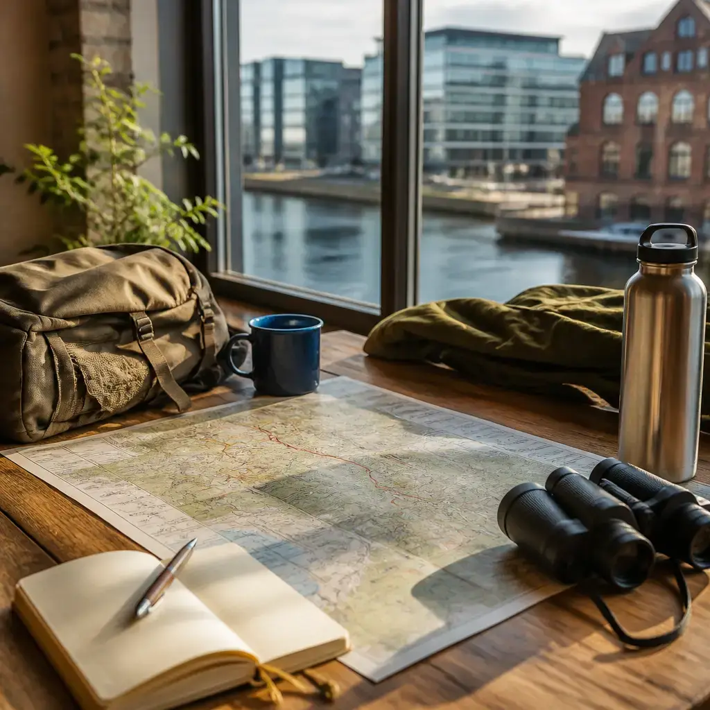 German lesson set in a contemporary Berlin everyday setting: Before a group hike, two friends check trail difficulty, weather, and safety plans before sharing route details..