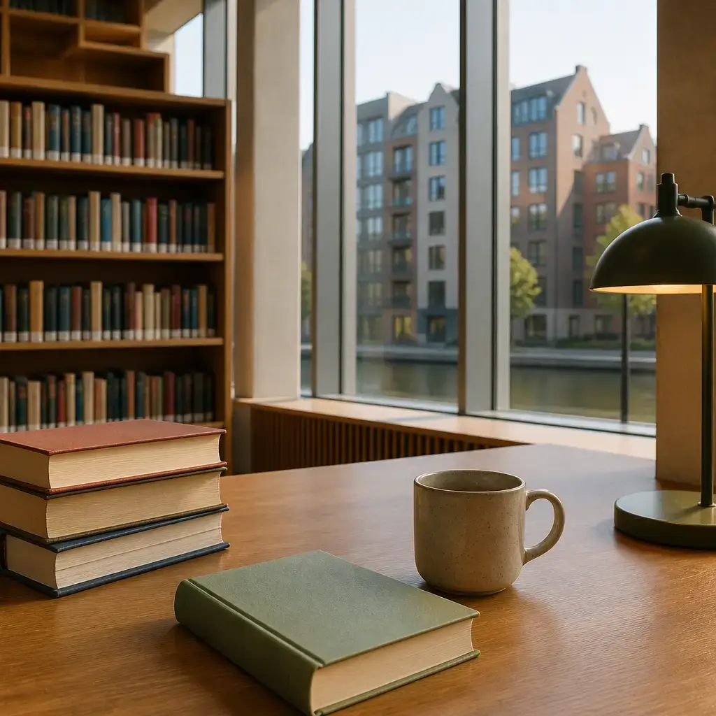 German lesson set in a contemporary Berlin everyday setting: At a library, one adult plans how to renew a book after an online account fails and checks whether another hold prevents renewal..