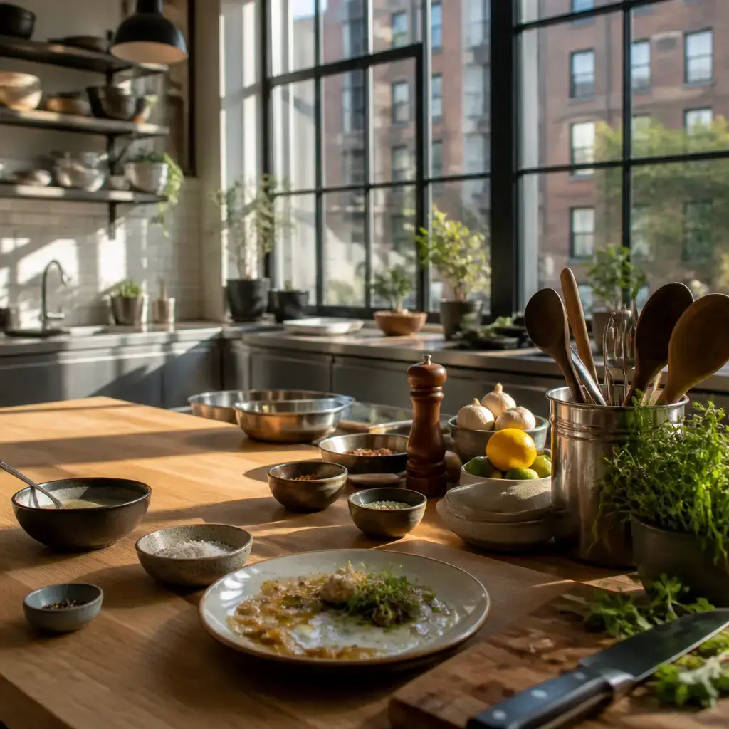 German lesson set in a contemporary Berlin everyday setting: After a cooking class, two adults discuss useful techniques, feedback on a dish, and growing confidence to host dinner..