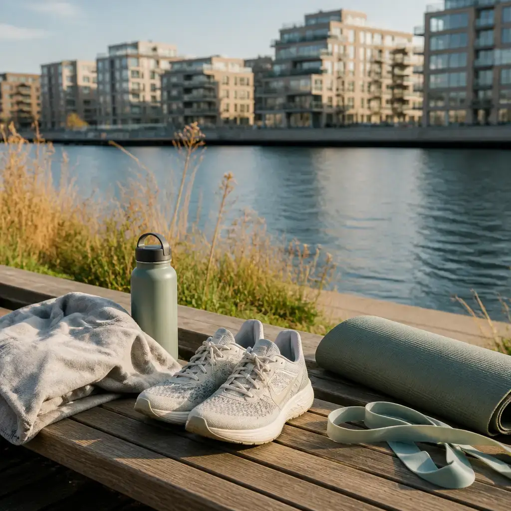 German lesson set in a contemporary Berlin everyday setting: After starting a jogging hobby, two adults discuss sore knees and adjust the routine with rest, stretching, and a slower pace..