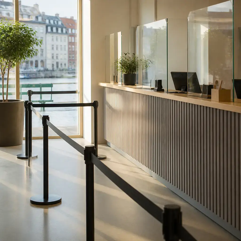 German lesson set in a contemporary Berlin everyday setting: Near a slow service desk line, a person asks whether to keep waiting or leave a request for later review..