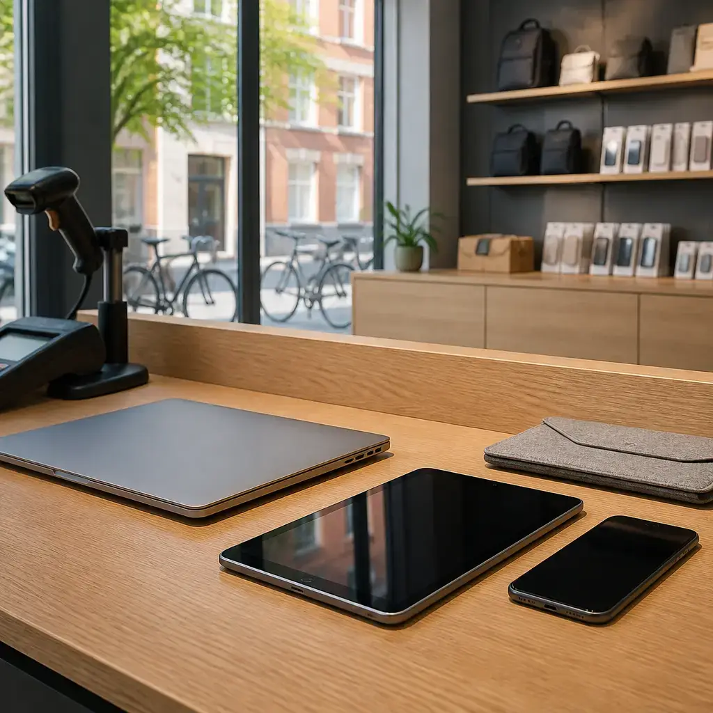 German lesson set in a contemporary Berlin everyday setting: At a shop service counter, a customer explains an intermittent screen fault and asks for a replacement rather than a repair..