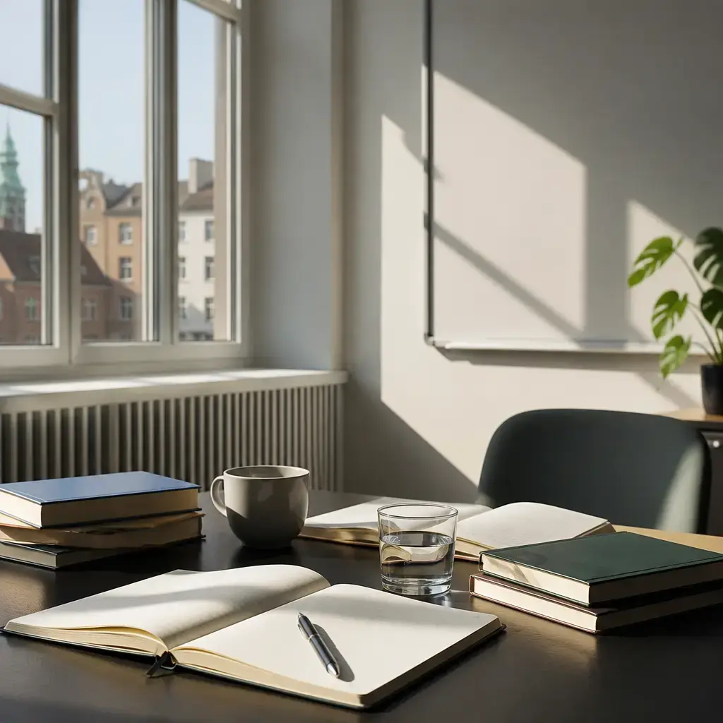 German lesson set in a contemporary Berlin everyday setting: In an academic tutoring session, a student and tutor narrow an essay argument so the evidence supports one clear claim..