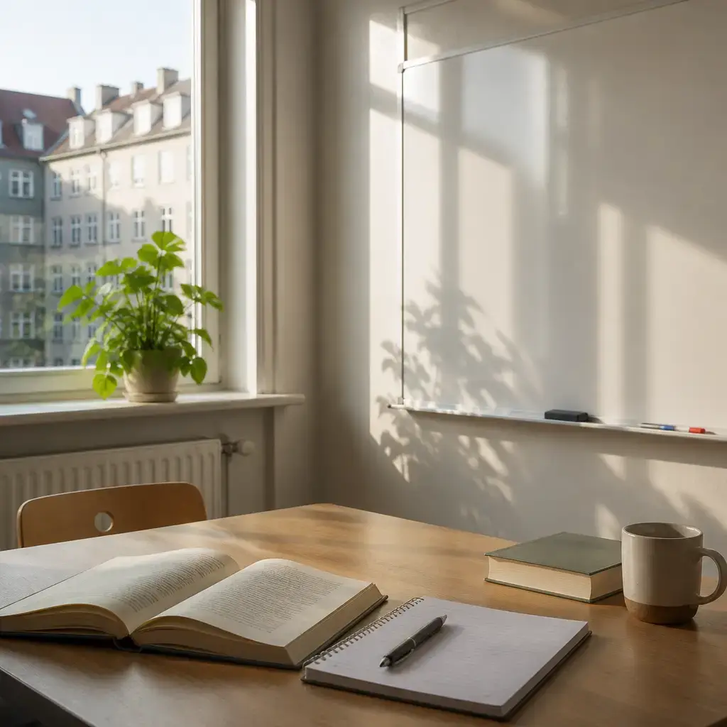 German lesson set in a contemporary Berlin everyday setting: During an academic tutoring session, a student and tutor discuss how to paraphrase sources responsibly and cite ideas even when wording changes..