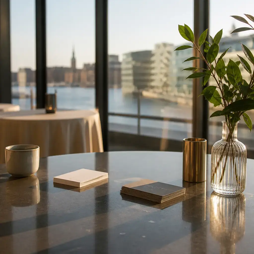 German lesson set in a contemporary Berlin everyday setting: At a professional networking event, two attendees politely end a conversation, exchange contact details, and agree how to frame the follow-up..