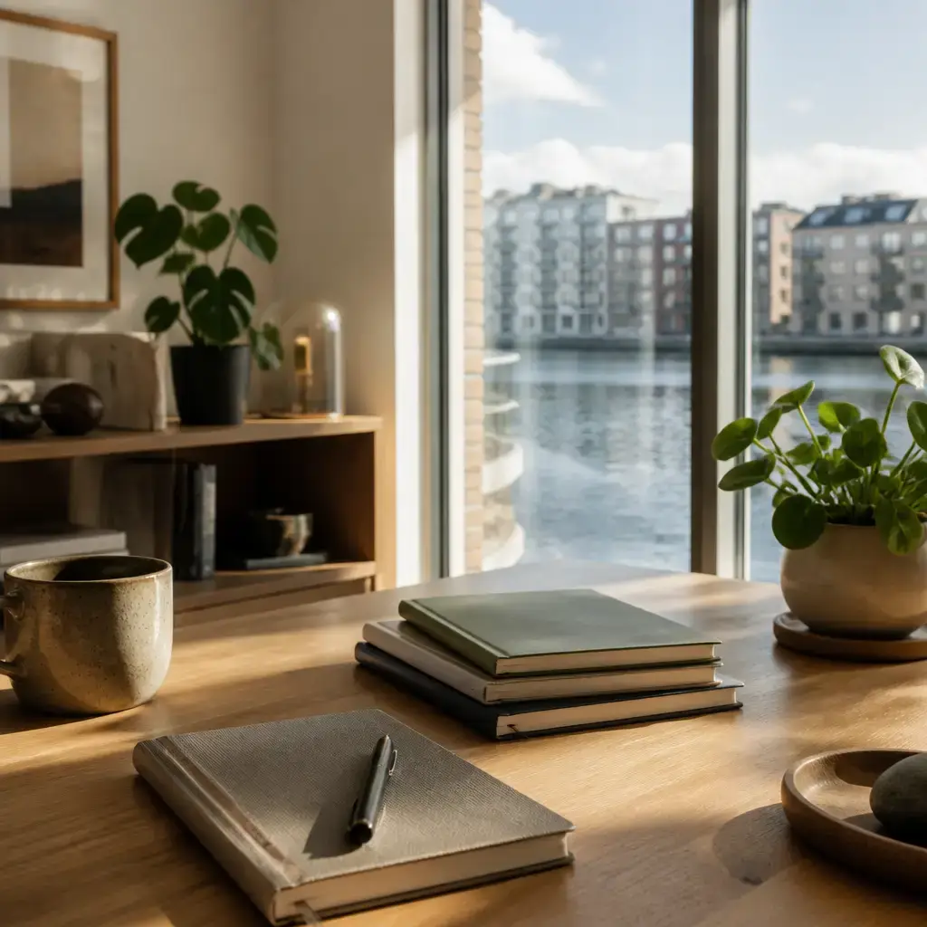 German lesson set in a contemporary Berlin everyday setting: In a remote work discussion, two adults address an unsustainable pace by reducing priorities, delegating visible tasks, and defining stopping points..