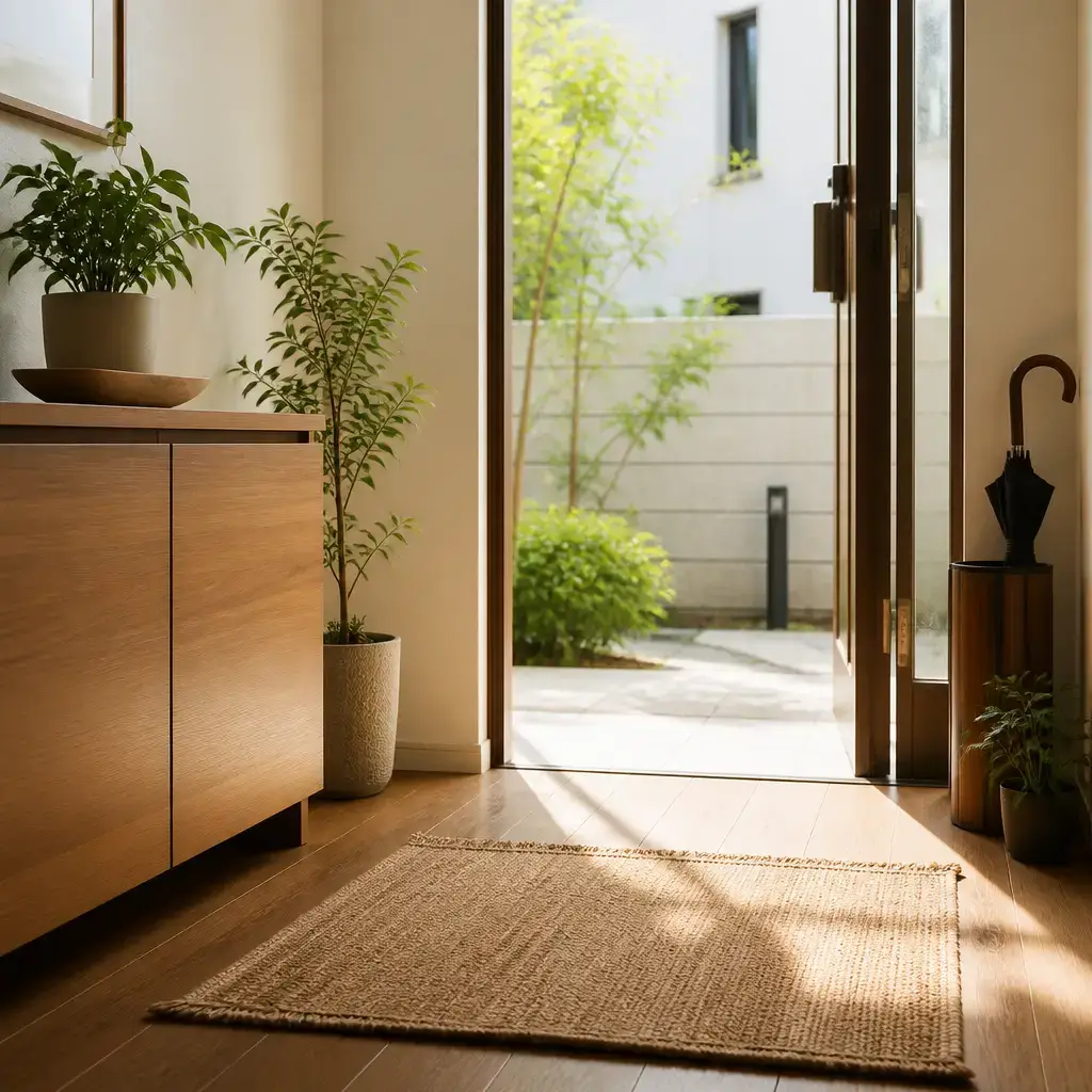 Japanese lesson set in a contemporary Tokyo everyday setting: Morning greeting at home/work/school — casual 'good morning' + brief small talk.