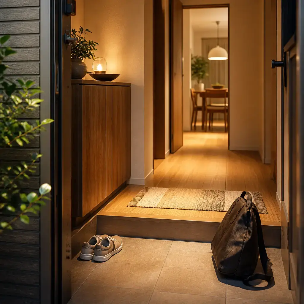 Japanese lesson set in a contemporary Tokyo everyday setting: Arriving home and greeting someone in a simple, natural way.