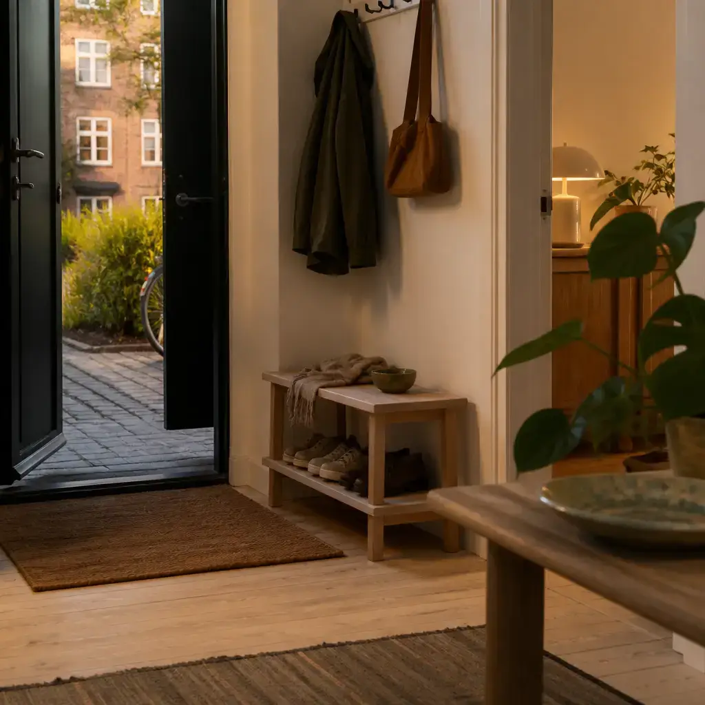 Danish lesson set in a contemporary Copenhagen everyday setting: Arriving home and greeting someone in a simple, natural way.