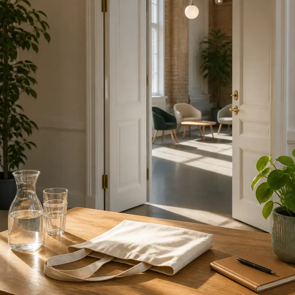 Danish lesson set in a contemporary Copenhagen everyday setting: First-time self-introduction at a shared welcome event — greeting and a simple reason for being there.