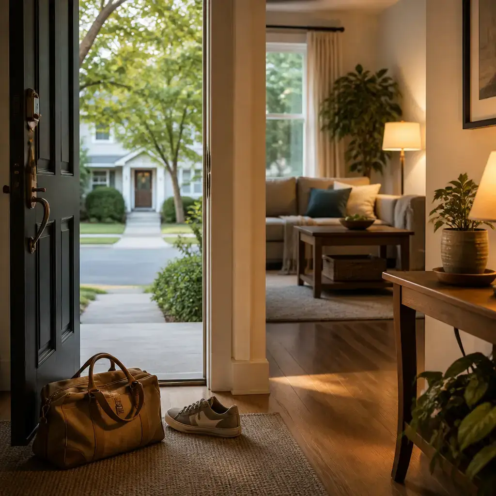 English lesson set in a contemporary everyday setting in the United States: Arriving home and greeting someone in a simple, natural way.