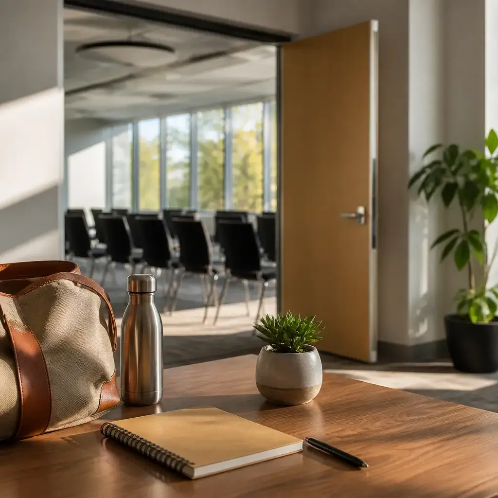 English lesson set in a contemporary everyday setting in the United States: First-time self-introduction at a shared welcome event — greeting and a simple reason for being there.