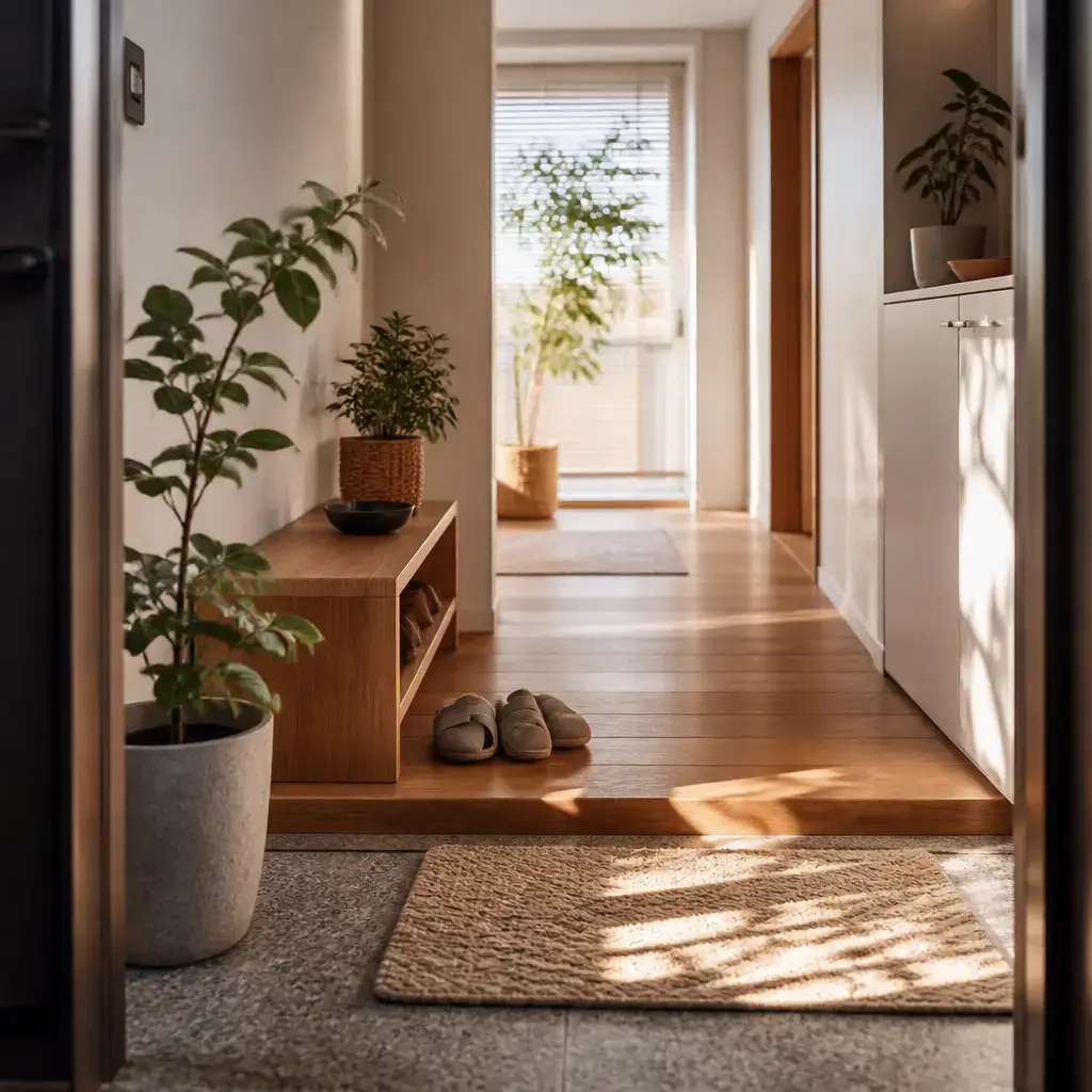 Japanese lesson set in a contemporary Tokyo everyday setting: Morning greeting at home/work/school — casual 'good morning' + brief small talk.