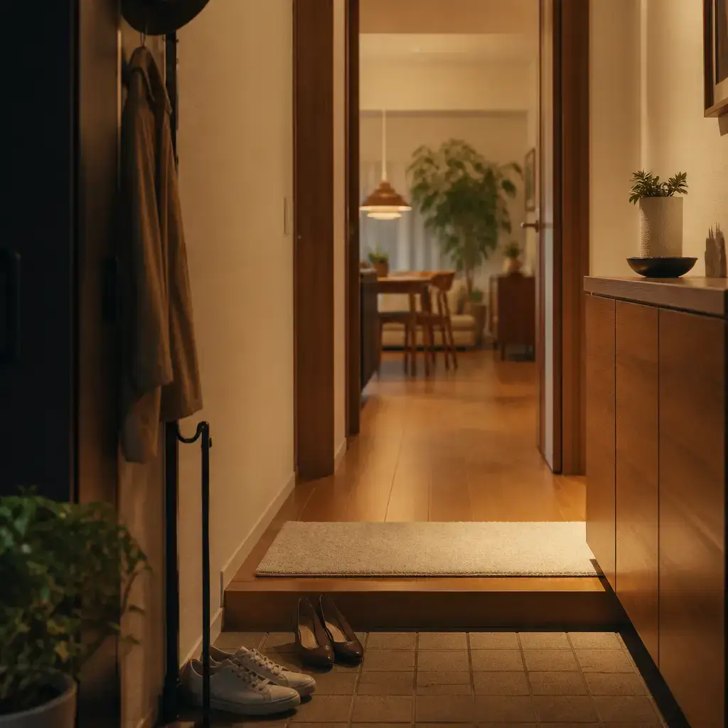 Japanese lesson set in a contemporary Tokyo everyday setting: Arriving home and greeting someone in a simple, natural way.