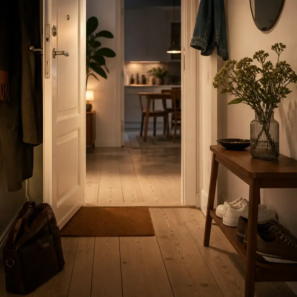 Danish lesson set in a contemporary Copenhagen everyday setting: Arriving home and greeting someone in a simple, natural way.