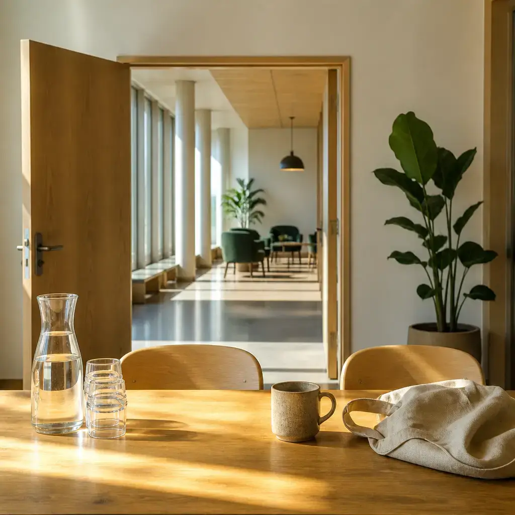 Danish lesson set in a contemporary Copenhagen everyday setting: First-time self-introduction at a shared welcome event — greeting and a simple reason for being there.