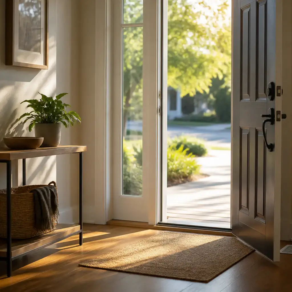 English lesson set in a contemporary everyday setting in the United States: Morning greeting at home/work/school — casual 'good morning' + brief small talk.