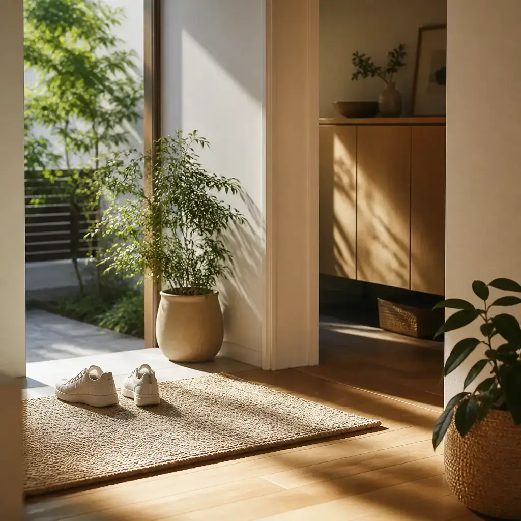 Japanese lesson set in a contemporary Tokyo everyday setting: Morning greeting at home/work/school — casual 'good morning' + brief small talk.