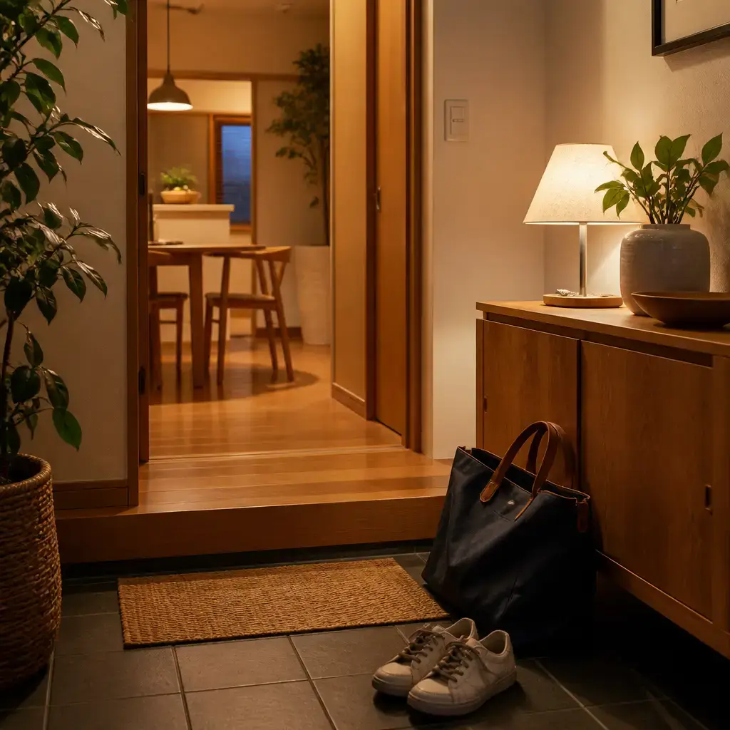 Japanese lesson set in a contemporary Tokyo everyday setting: Arriving home and greeting someone in a simple, natural way.