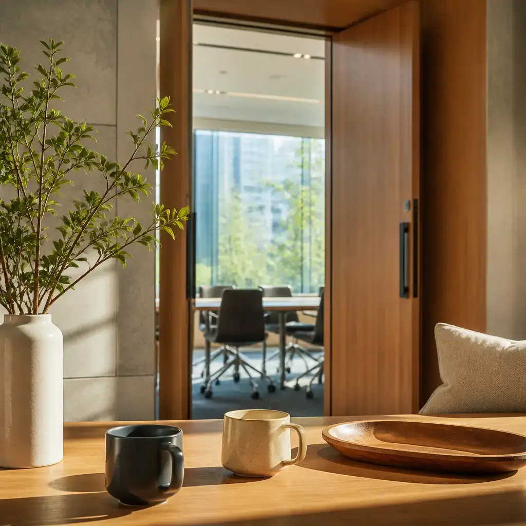 Japanese lesson set in a contemporary Tokyo everyday setting: First-time self-introduction at a shared welcome event — greeting and a simple reason for being there.