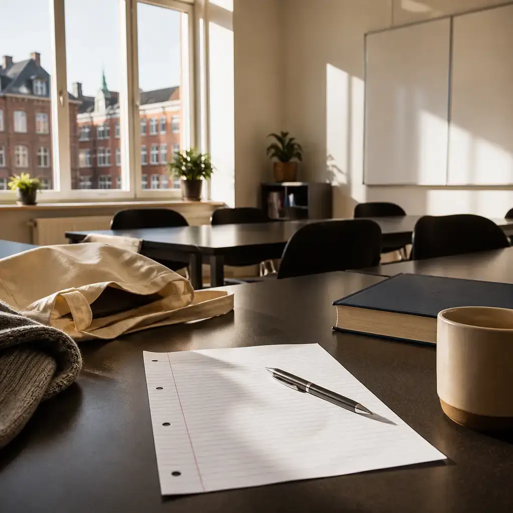 Japanese lesson set in a contemporary Tokyo everyday setting: In a language classroom, one person forgets a notebook, uses paper, writes new words, and checks them after class..