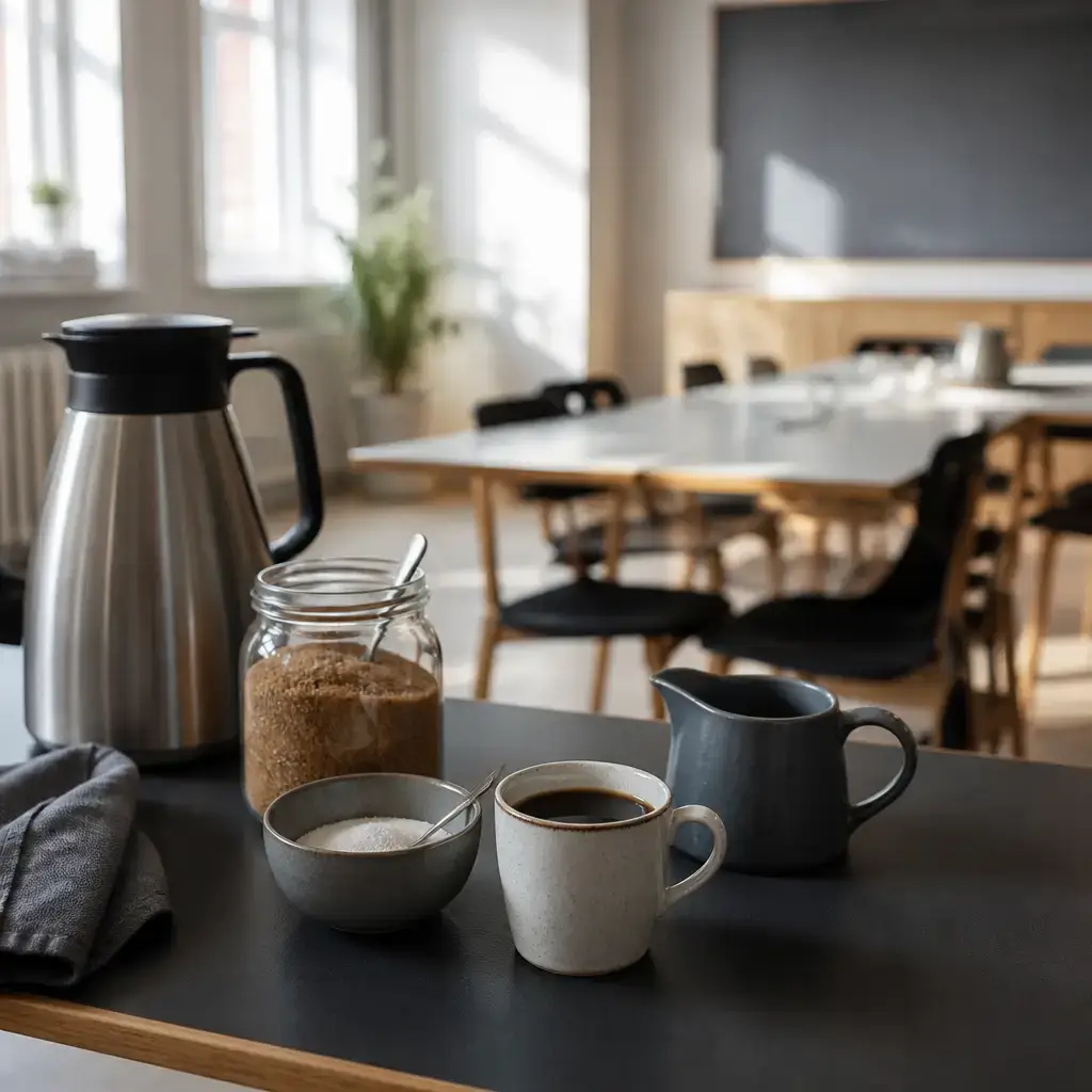 Japanese lesson set in a contemporary Tokyo everyday setting: During a classroom break, two adults talk about coffee, sugar, and milk when milk is not available..