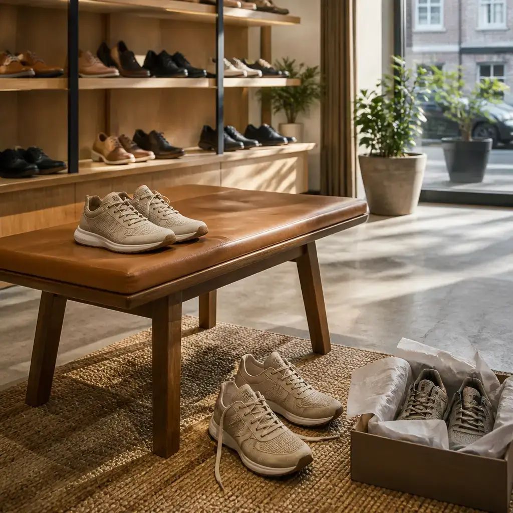 Japanese lesson set in a contemporary Tokyo everyday setting: In a shoe shop, a customer tries on shoes and asks for a larger pair when they feel small..