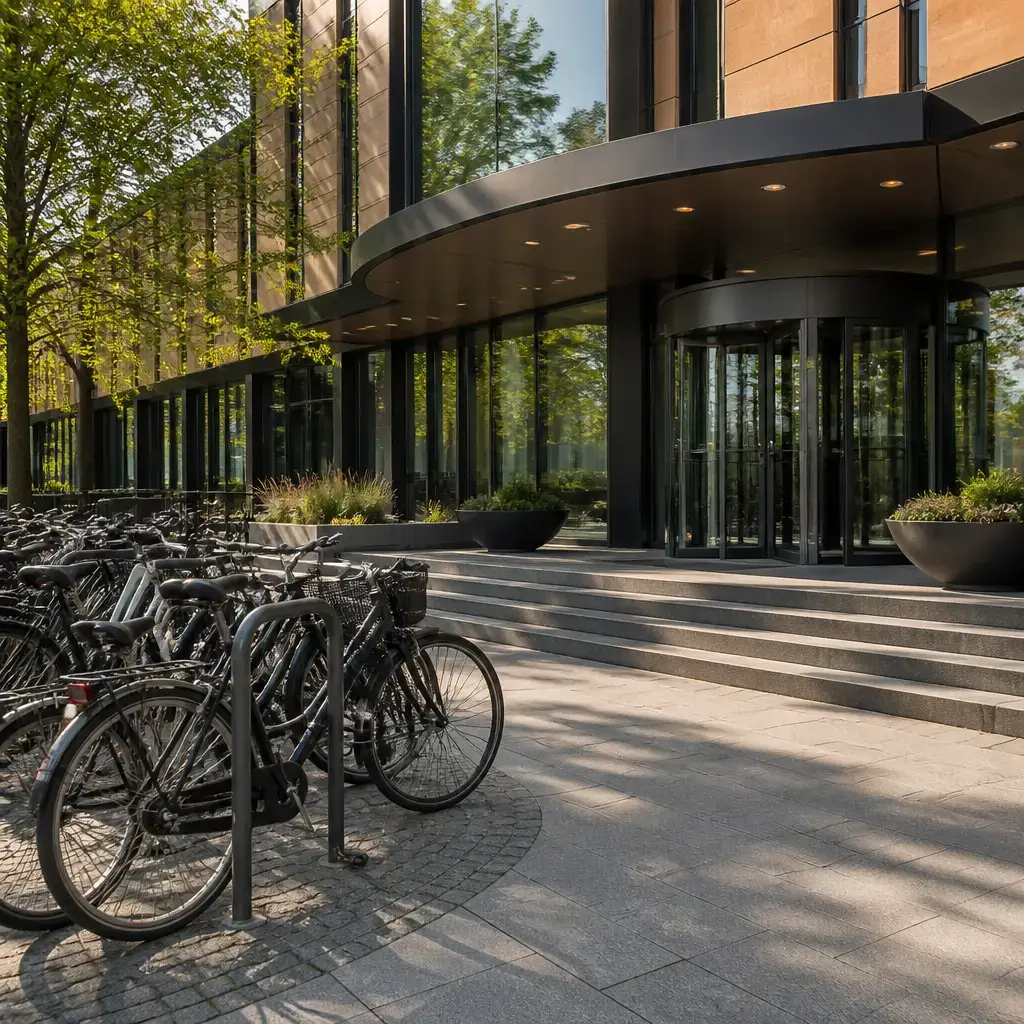 Japanese lesson set in a contemporary Tokyo everyday setting: At a city hall entrance, two adults talk about arriving by bike and going inside to find the right counter..