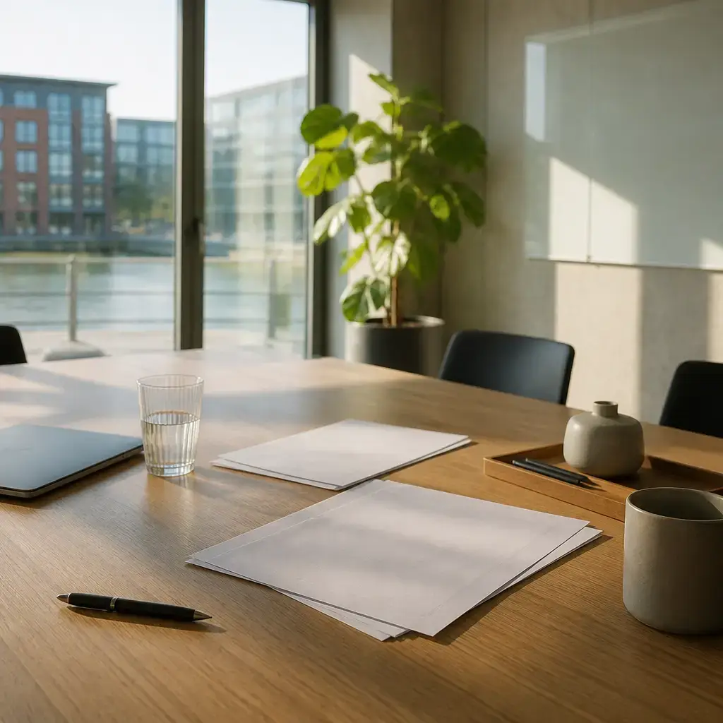 Japanese lesson set in a contemporary Tokyo everyday setting: In a workplace, two adults share meeting notes and check the discussion topic before a meeting begins..