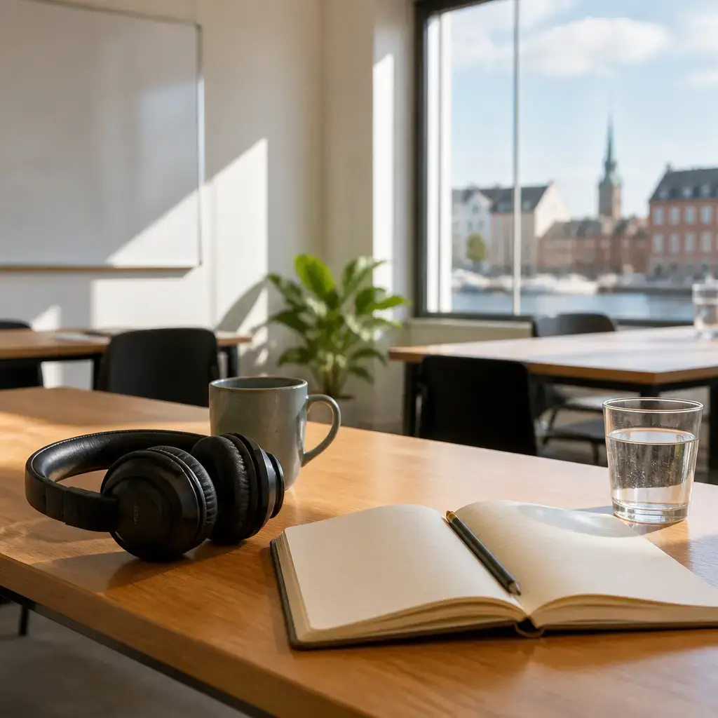 Japanese lesson set in a contemporary Tokyo everyday setting: In a language classroom, two adults use audio to slow down a sentence and practice clearer pronunciation..