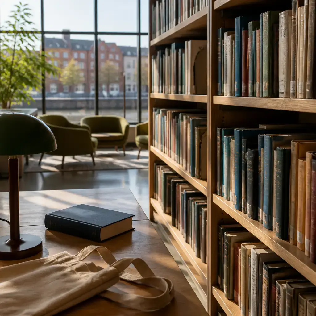 Japanese lesson set in a contemporary Tokyo everyday setting: In a library, one person asks where to find a book and gets help checking the shelf..