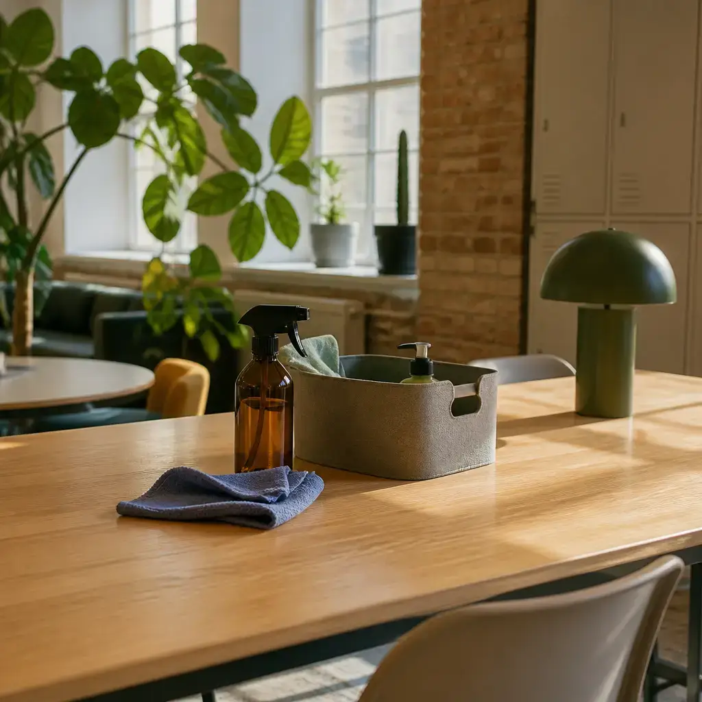 Japanese lesson set in a contemporary Tokyo everyday setting: In a shared space, two adults borrow a cloth and cleaning spray to clean a desk and put the supplies back..