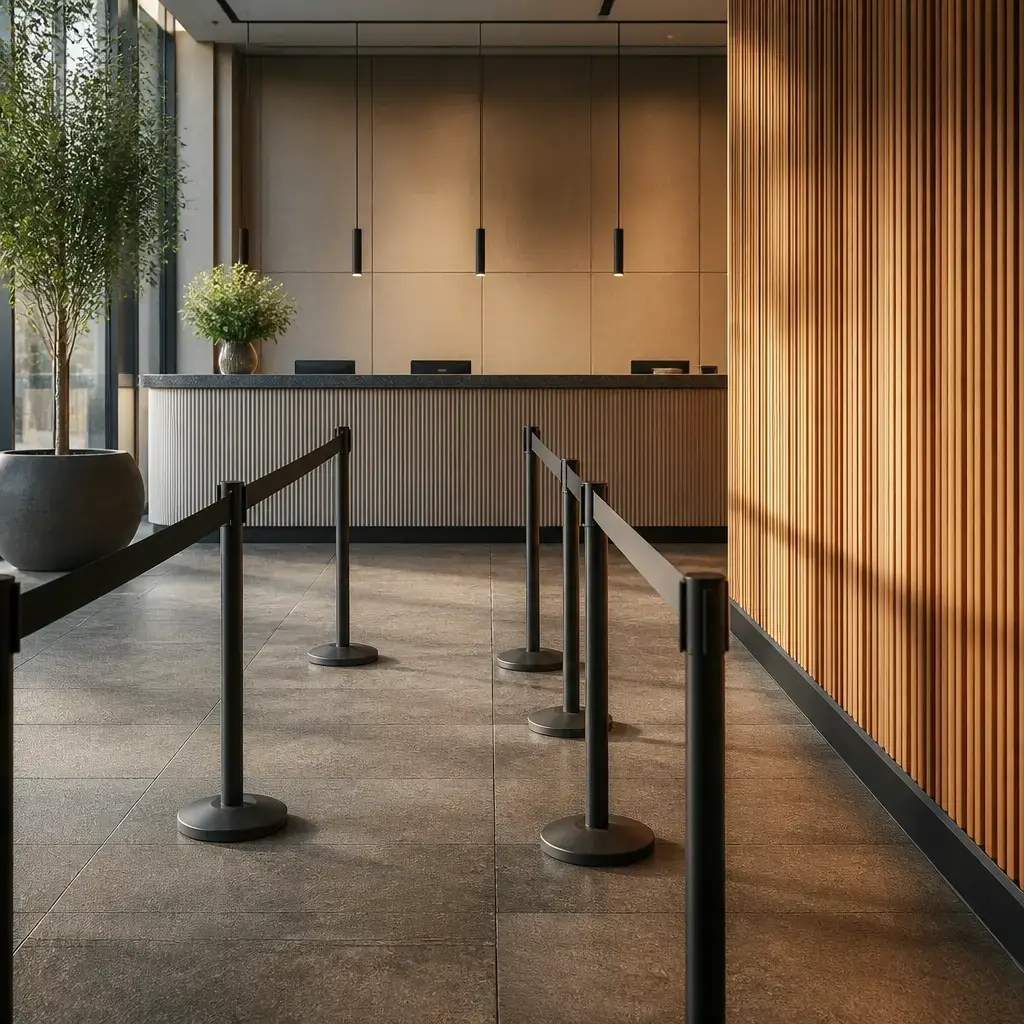 Japanese lesson set in a contemporary Tokyo everyday setting: At a front desk line, two adults check whether they are in the right place and wait with little space around them..
