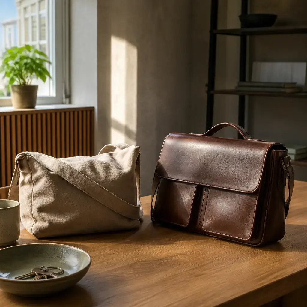 Japanese lesson set in a contemporary Tokyo everyday setting: During a daily errand, two adults compare two bags and choose the stronger one for work papers..