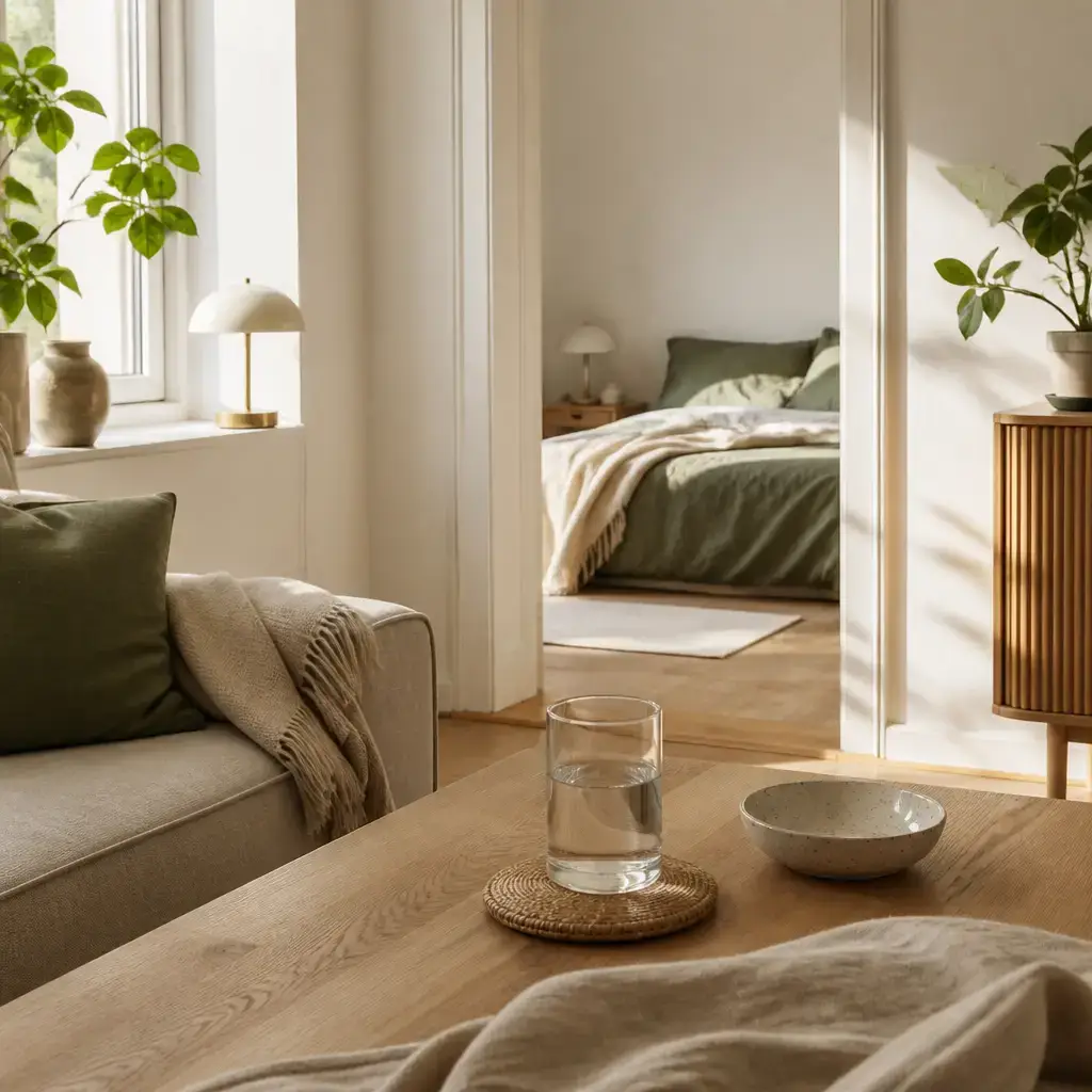 Japanese lesson set in a contemporary Tokyo everyday setting: At home, one adult has a slight headache while another offers water and a quiet place to rest..