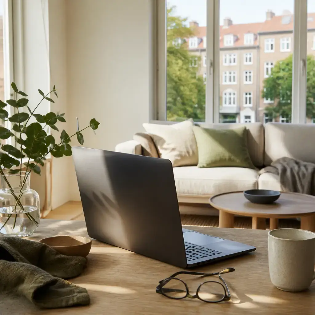 Japanese lesson set in a contemporary Tokyo everyday setting: At home, two adults talk about tired eyes, lowering screen brightness, and taking a break..