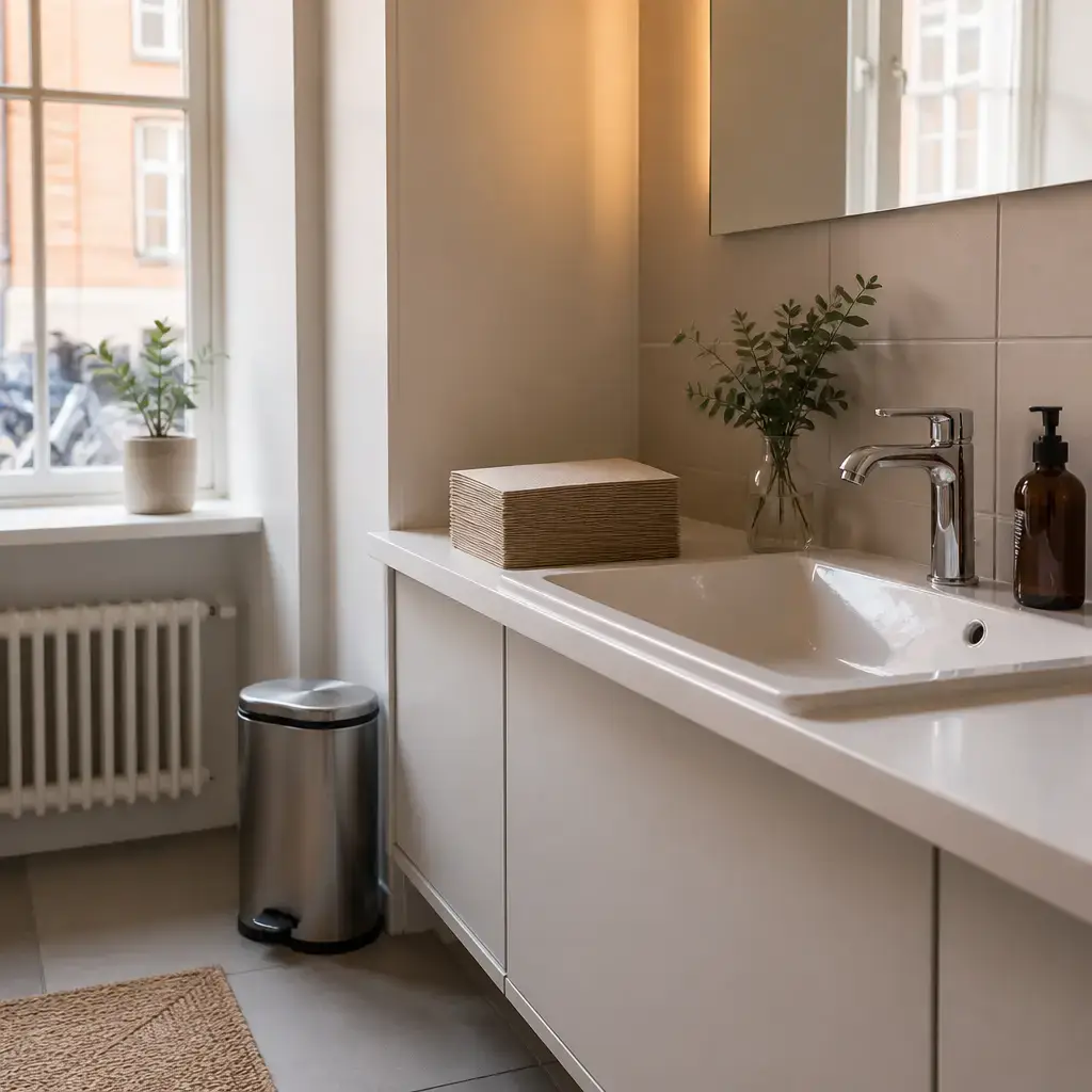 Japanese lesson set in a contemporary Tokyo everyday setting: In a shared bathroom, two adults talk about paper towels, the trash bin, and keeping the sink area clean..