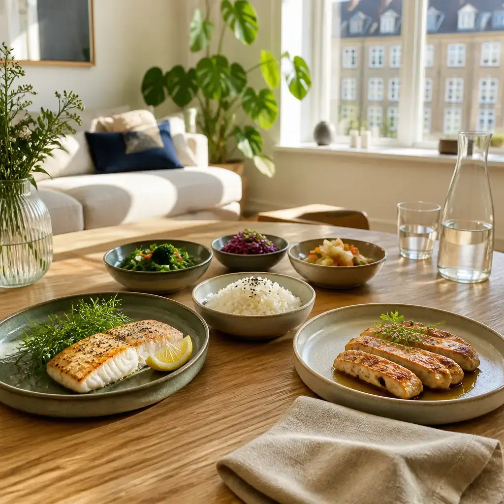 Japanese lesson set in a contemporary Tokyo everyday setting: At home, two adults choose a lunch set, decide between main options and sides, and place an order..