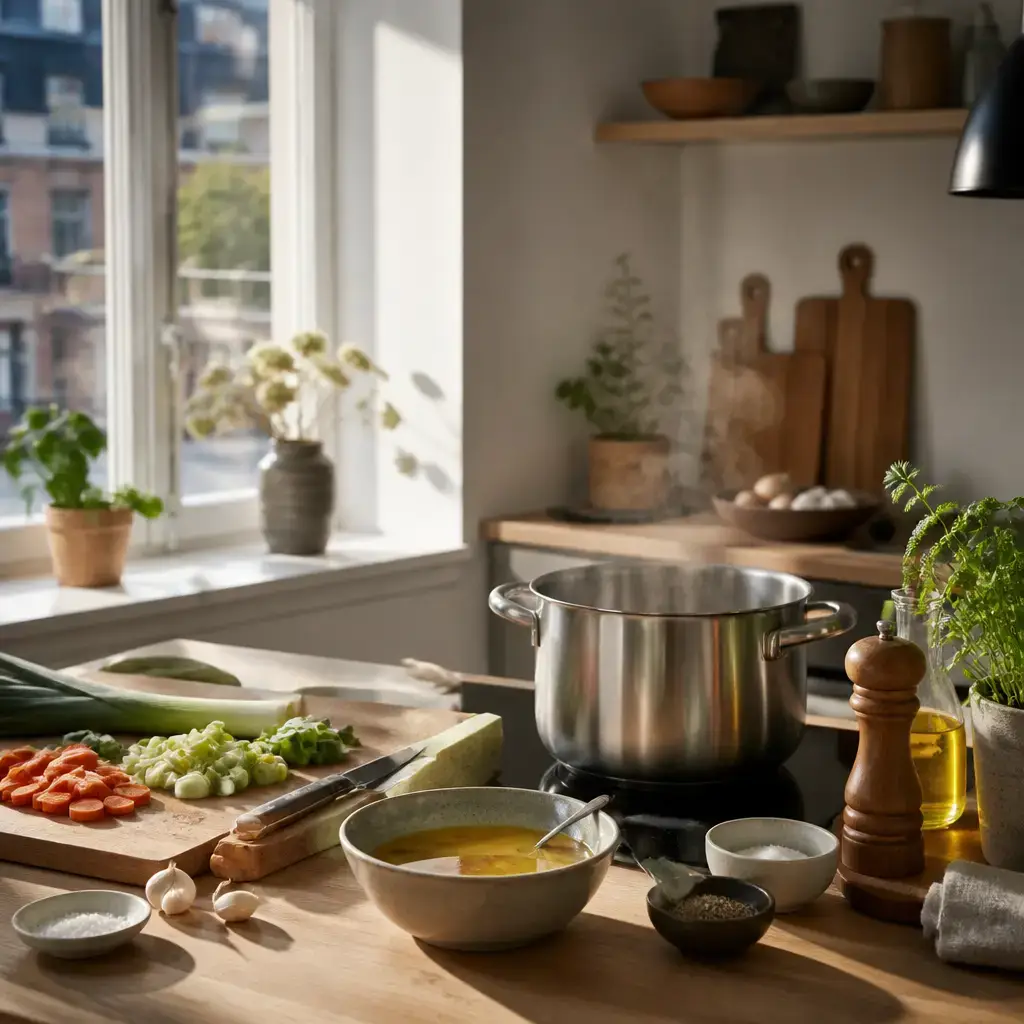 Japanese lesson set in a contemporary Tokyo everyday setting: At home, two adults cook soup together, follow a simple recipe, and taste it before adding more seasoning..