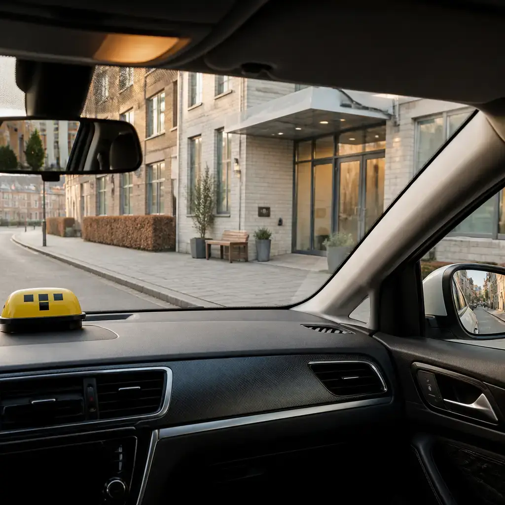 Japanese lesson set in a contemporary Tokyo everyday setting: In a taxi, a passenger gives directions to a clinic entrance and agrees where the driver should stop..