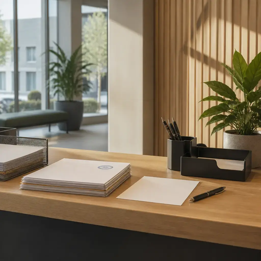 Japanese lesson set in a contemporary Tokyo everyday setting: At a service desk, one adult asks for a copy of a stamped document page and confirms how the original will be handled..