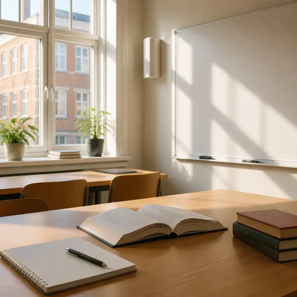 Japanese lesson set in a contemporary Tokyo everyday setting: In a language classroom, two adults discuss a grammar pattern, why a verb form changes, and how to make another example..
