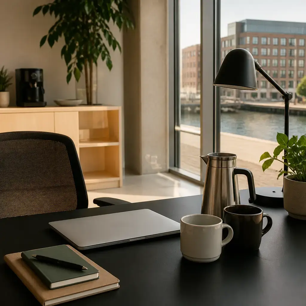 Japanese lesson set in a contemporary Tokyo everyday setting: At work, two adults decide to save a file and take a short coffee break before returning to a report..