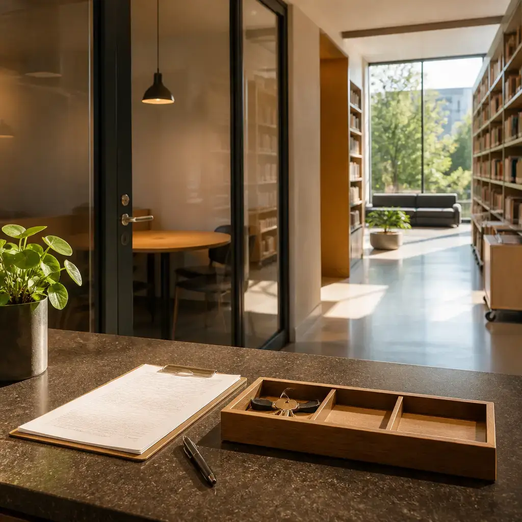 Japanese lesson set in a contemporary Tokyo everyday setting: In a library, one person reserves a quiet study room and asks about the request form and key return..