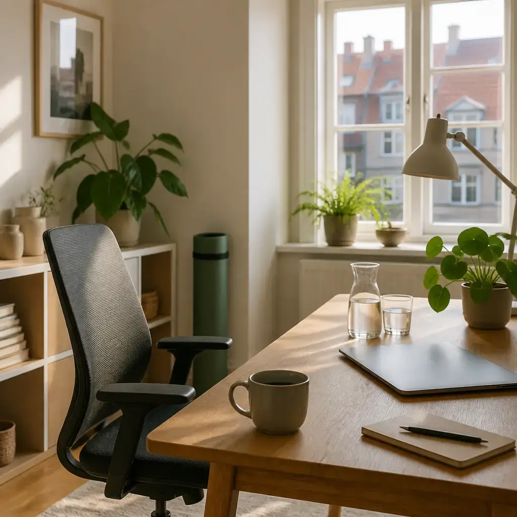 Japanese lesson set in a contemporary Tokyo everyday setting: At home, two adults discuss back pain after long meetings and simple changes to sitting posture and breaks..