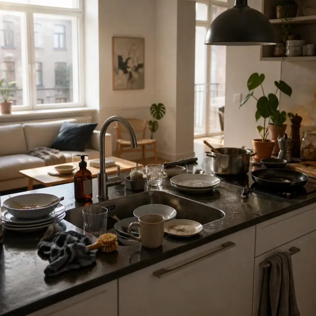Japanese lesson set in a contemporary Tokyo everyday setting: At home, two housemates discuss messy shared areas and agree to write a fair cleaning chart..