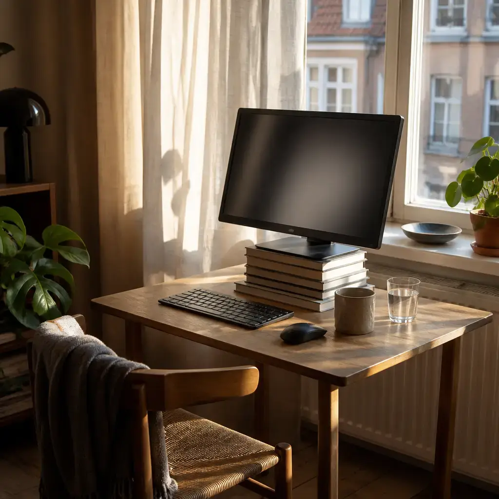 Japanese lesson set in a contemporary Tokyo everyday setting: At home, two adults adjust a work setup to reduce shoulder pain, improve screen height, and manage glare..