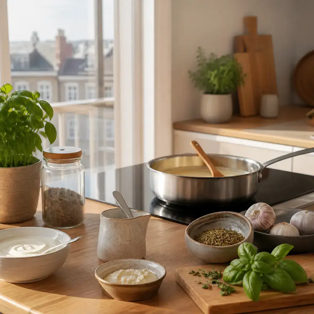 Japanese lesson set in a contemporary Tokyo everyday setting: At home, two adults adapt a recipe by substituting herbs and changing how they finish a sauce..